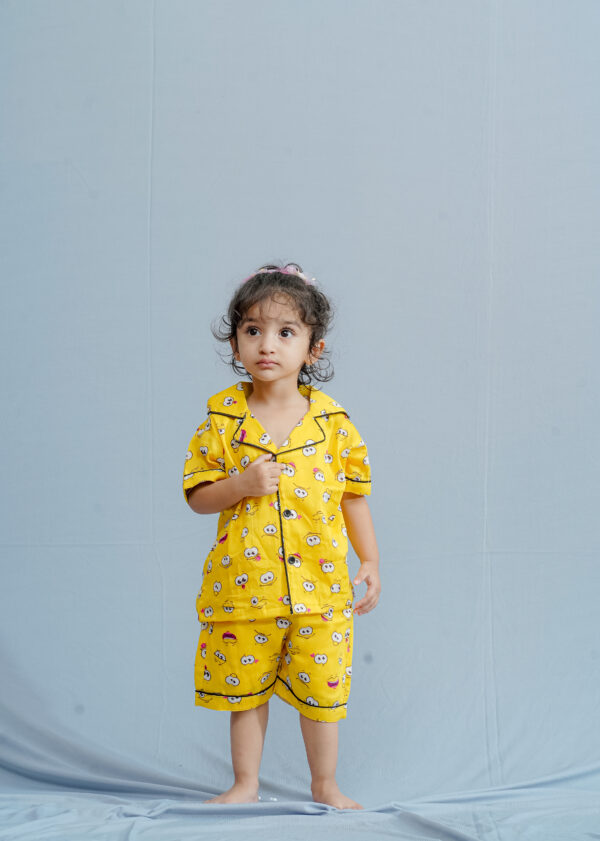 Cozy Cuddles Yellow Eyes  Print Half Sleeve Kids Night Suit For Boys And Girls